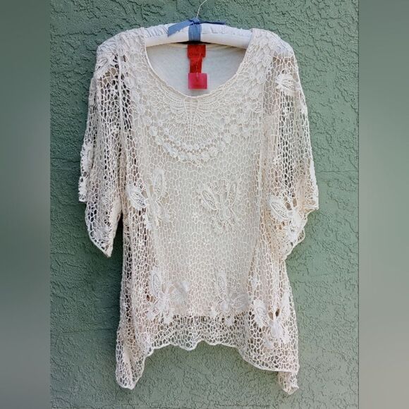 NWT V CRISTINA Natural Woven Knit Butterflies Sheer Top & Sleeveless Lining SM - Picture 1 of 9